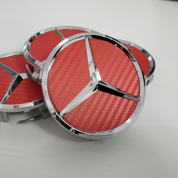 4 RED Carbon Fiber WHEEL CENTER HUB CAPS EMBLEM FITS MERCEDES BENZ 75MM/ 3 Inch - Picture 2 of 5